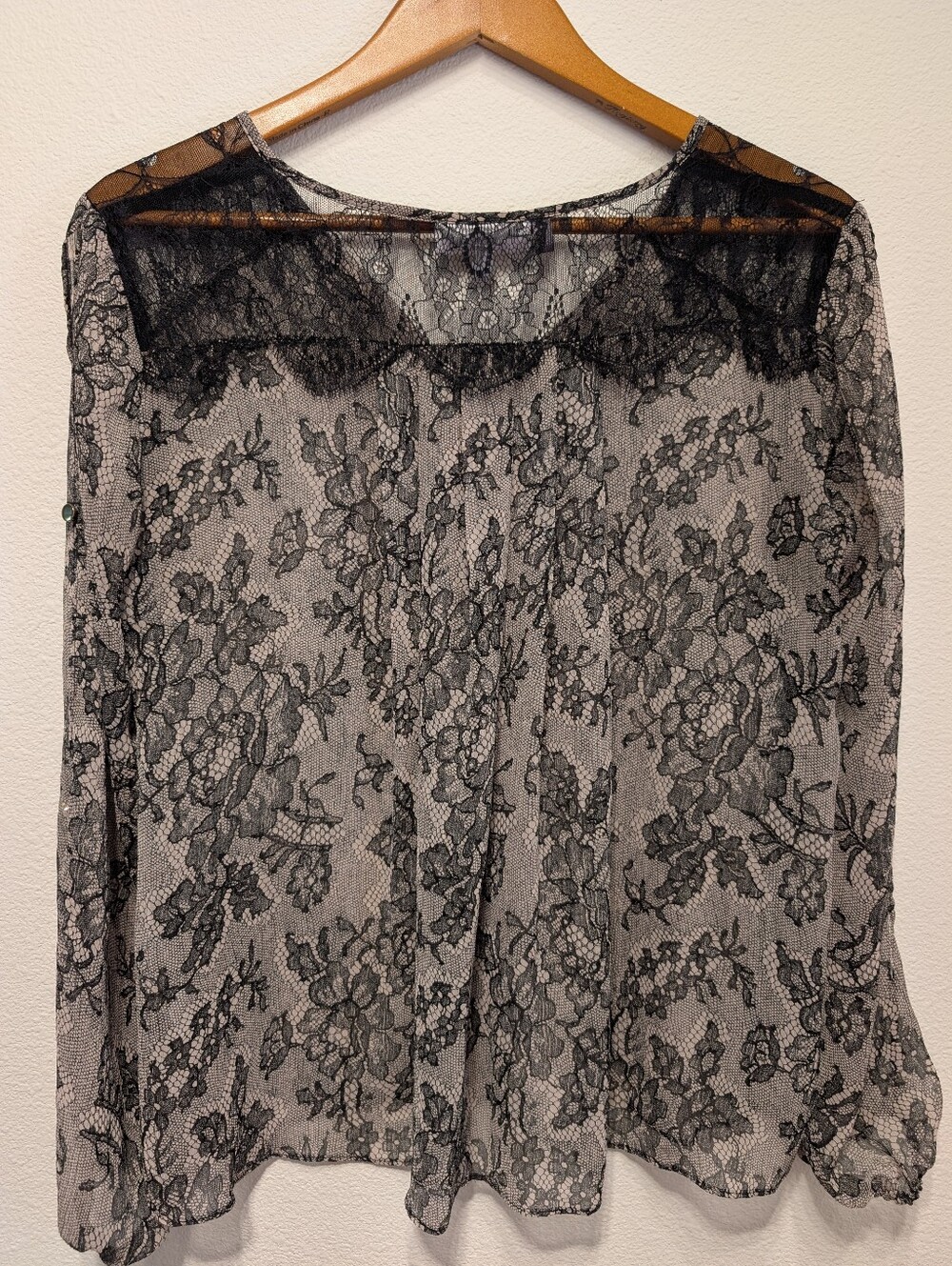 Lace Overlay Tan Long-Sleeve Women's Top - Picture 2 of 3
